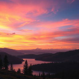 A majestic, serene landscape at dusk featuring rolling hills and a vibrant sunset with hues of orange, pink, and purple