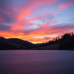 A majestic, serene landscape at dusk featuring rolling hills and a vibrant sunset with hues of orange, pink, and purple