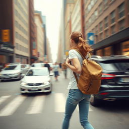 Realistic depiction of a young woman with a backpack walking through a busy city street