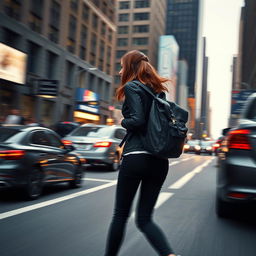 Realistic depiction of a young woman with a backpack walking through a busy city street