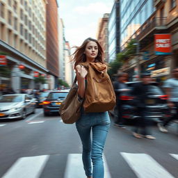 Realistic depiction of a young woman with a backpack walking through a busy city street