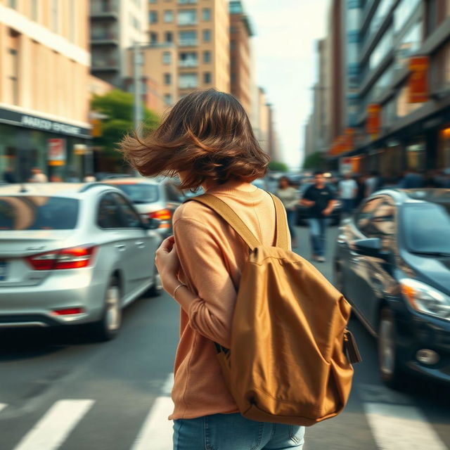 Realistic depiction of a young woman with a backpack walking through a busy city street