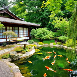 Charming Japanese garden with a serene koi pond