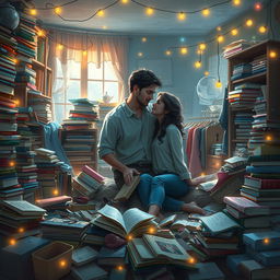 A digital art piece depicting a couple in a messy room, surrounded by an array of scattered books, clothes, and various household items, adding an element of organized chaos to the scene