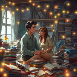 A digital art piece depicting a couple in a messy room, surrounded by an array of scattered books, clothes, and various household items, adding an element of organized chaos to the scene