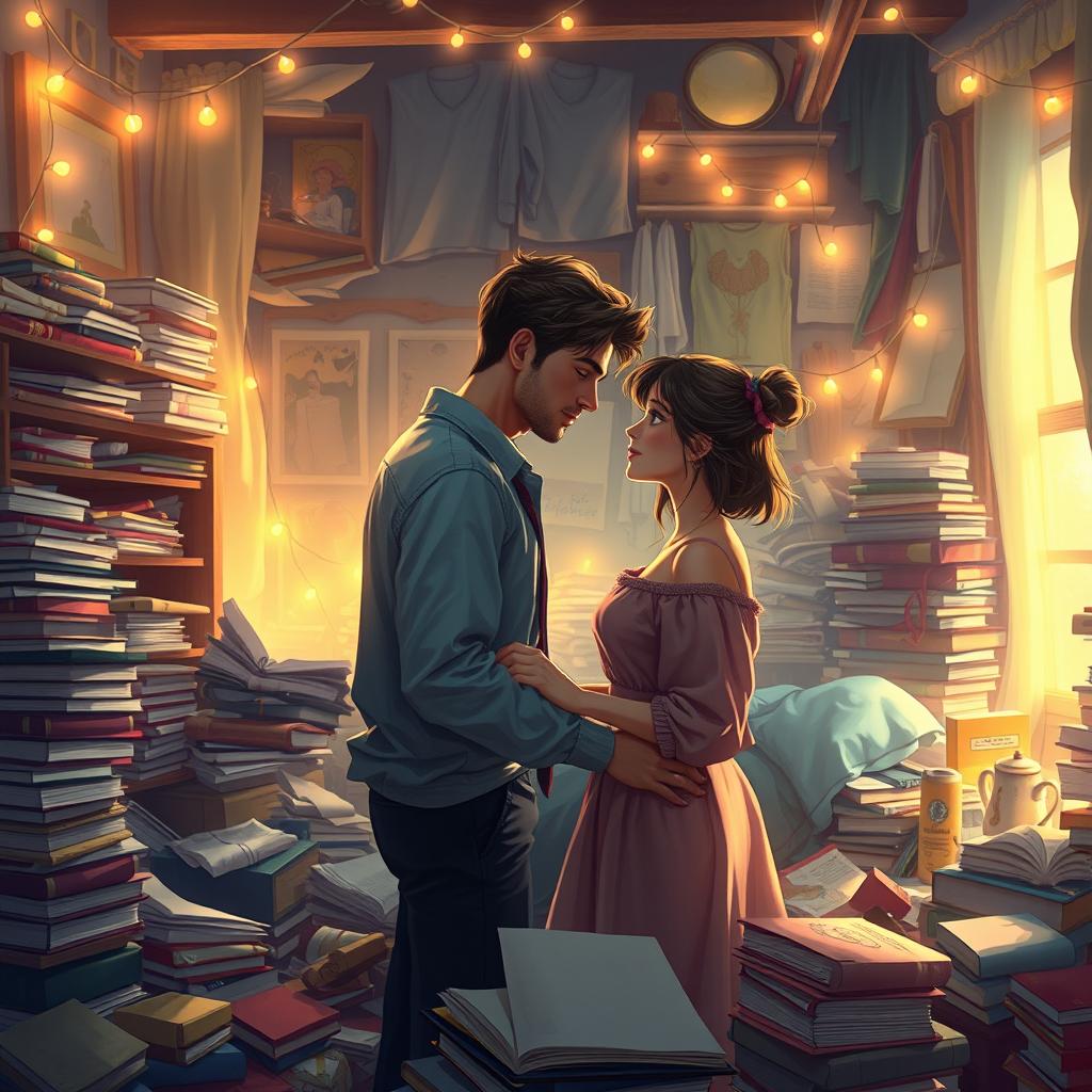 A digital art piece depicting a couple in a messy room, surrounded by an array of scattered books, clothes, and various household items, adding an element of organized chaos to the scene