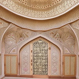 A traditional Iranian-designed bedroom with intricate patterns and rich, warm colors.