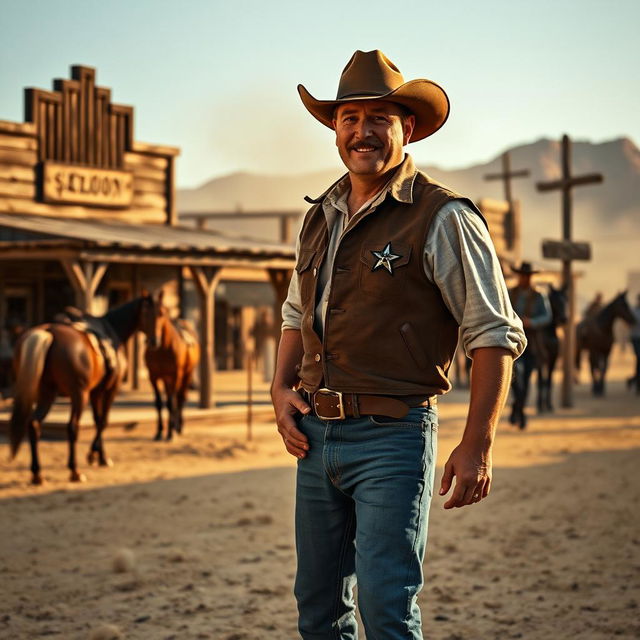 A rugged and confident sheriff standing barefoot in a dusty Wild West town