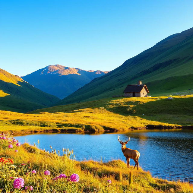 A picturesque landscape of the Scottish Highlands, featuring rolling green hills under a clear blue sky