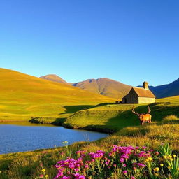 A picturesque landscape of the Scottish Highlands, featuring rolling green hills under a clear blue sky