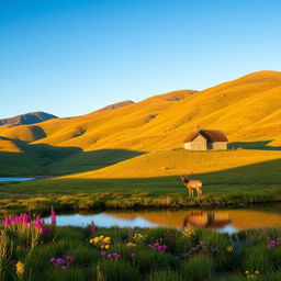 A picturesque landscape of the Scottish Highlands, featuring rolling green hills under a clear blue sky