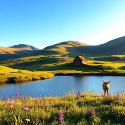 A picturesque landscape of the Scottish Highlands, featuring rolling green hills under a clear blue sky