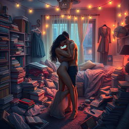 A digital art piece portraying a couple in a messy room, their dynamic illustrating a strong sexual attraction