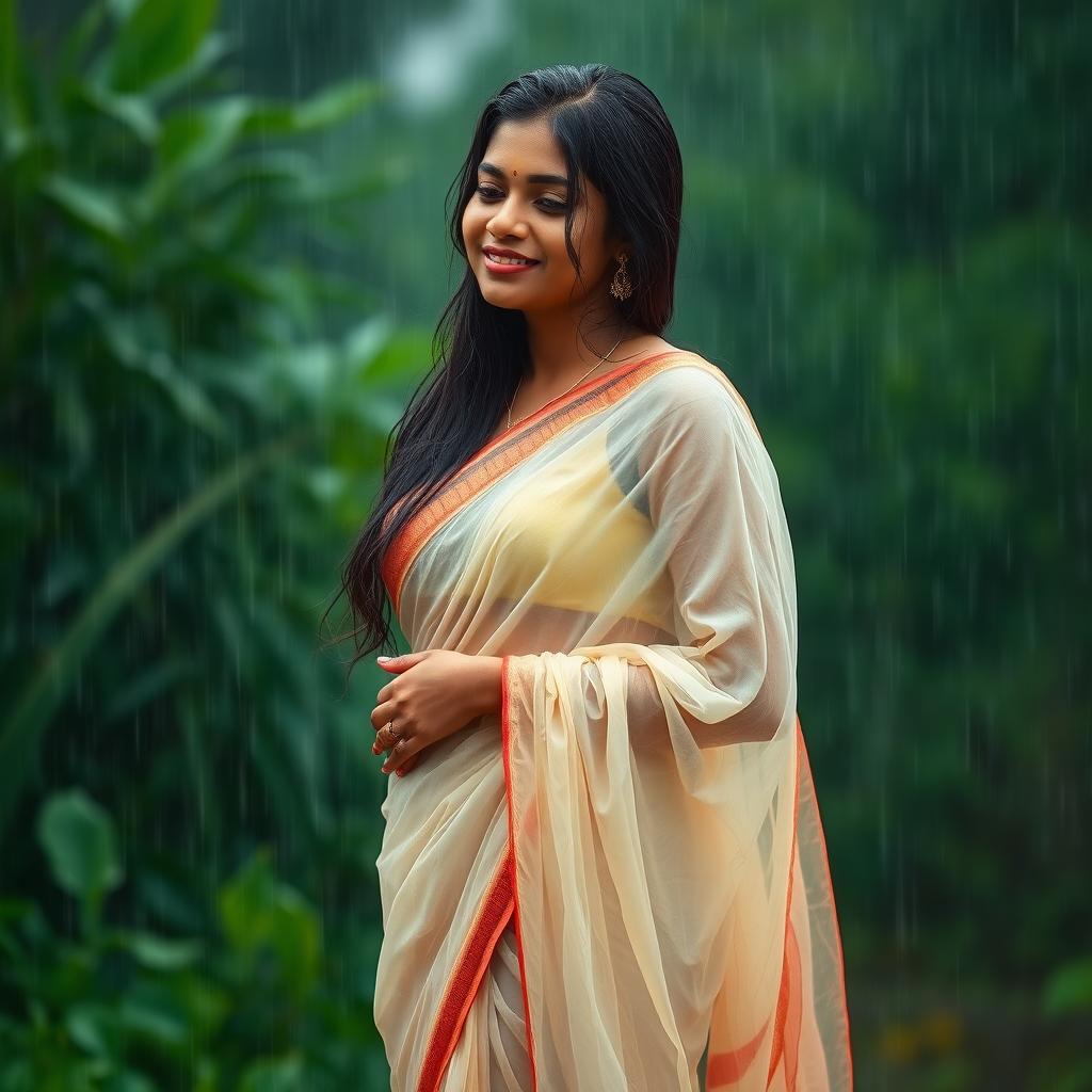 An Indian woman standing gracefully in the rain, wearing a transparent saree that elegantly clings to her form