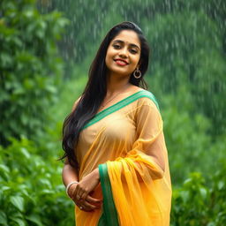 An Indian woman standing gracefully in the rain, wearing a transparent saree that elegantly clings to her form