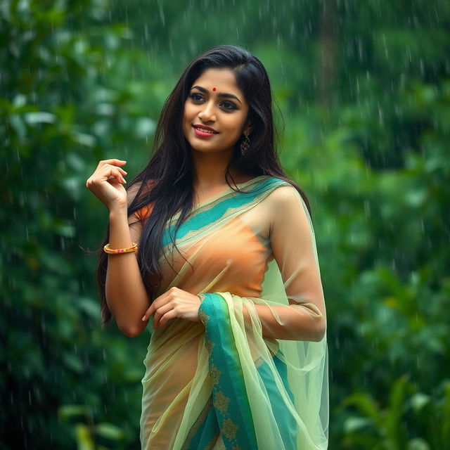 An Indian woman standing gracefully in the rain, wearing a transparent saree that elegantly clings to her form