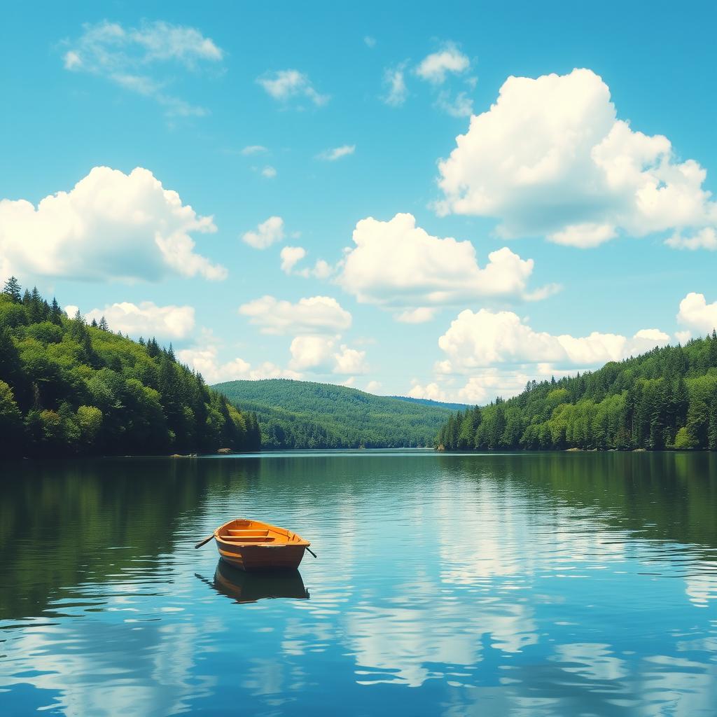 A peaceful landscape featuring a serene lake surrounded by lush green forests on a clear day