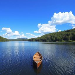 A peaceful landscape featuring a serene lake surrounded by lush green forests on a clear day