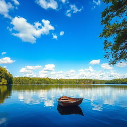 A peaceful landscape featuring a serene lake surrounded by lush green forests on a clear day