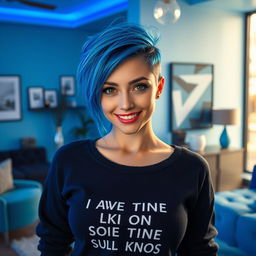 A female figure with striking blue hair in a modern, stylish cut, wearing a black sweater with a motivational slogan