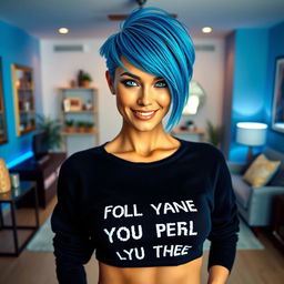 A female figure with striking blue hair in a modern, stylish cut, wearing a black sweater with a motivational slogan