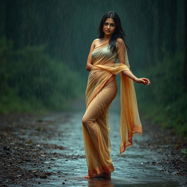 An Indian woman standing gracefully in the rain, wearing a transparent saree that elegantly clings to her form, barefoot on wet earth and surrounded by nature