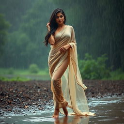 An Indian woman standing gracefully in the rain, wearing a transparent saree that elegantly clings to her form, barefoot on wet earth and surrounded by nature