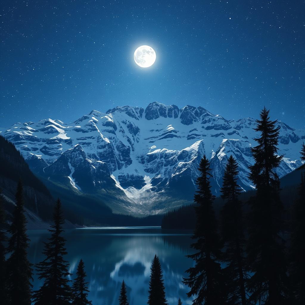 Majestic mountain landscape under a star-filled night sky, illuminated by the soft glow of the moon