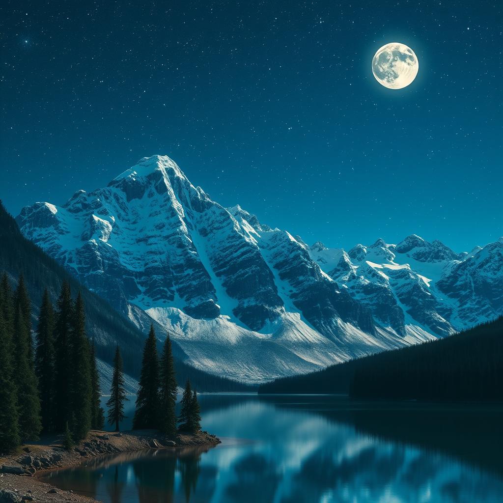 Majestic mountain landscape under a star-filled night sky, illuminated by the soft glow of the moon