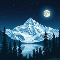 Majestic mountain landscape under a star-filled night sky, illuminated by the soft glow of the moon