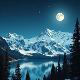 Majestic mountain landscape under a star-filled night sky, illuminated by the soft glow of the moon