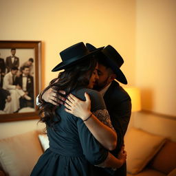 A sensual and intimate portrayal of a Hasidic Jewish couple in a private, romantic setting