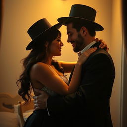 A sensual and intimate portrayal of a Hasidic Jewish couple in a private, romantic setting