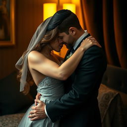 A sensual and intimate portrayal of a Hasidic Jewish couple in a private, romantic setting