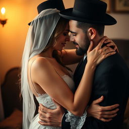 A sensual and intimate portrayal of a Hasidic Jewish couple in a private, romantic setting