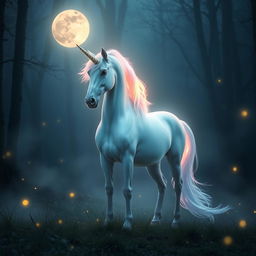 An ethereal unicorn gracefully standing in a misty forest glade, its mane glowing with iridescent colors under the soft moonlight, surrounded by delicate fireflies