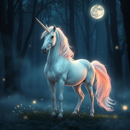 An ethereal unicorn gracefully standing in a misty forest glade, its mane glowing with iridescent colors under the soft moonlight, surrounded by delicate fireflies