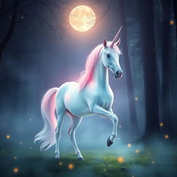 An ethereal unicorn gracefully standing in a misty forest glade, its mane glowing with iridescent colors under the soft moonlight, surrounded by delicate fireflies