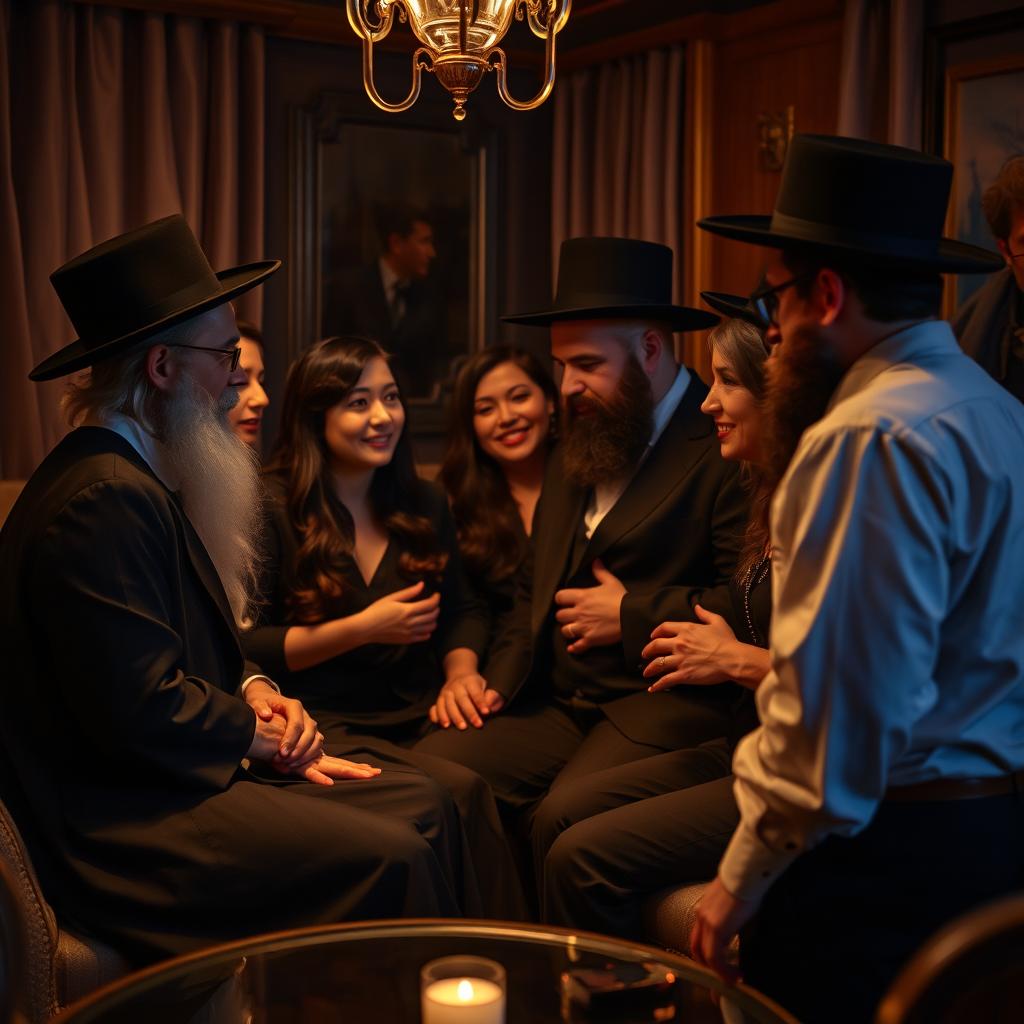 A suggestive and intimate gathering featuring a group of individuals dressed in traditional Hasidic clothing, engaging in an atmosphere of closeness and warmth