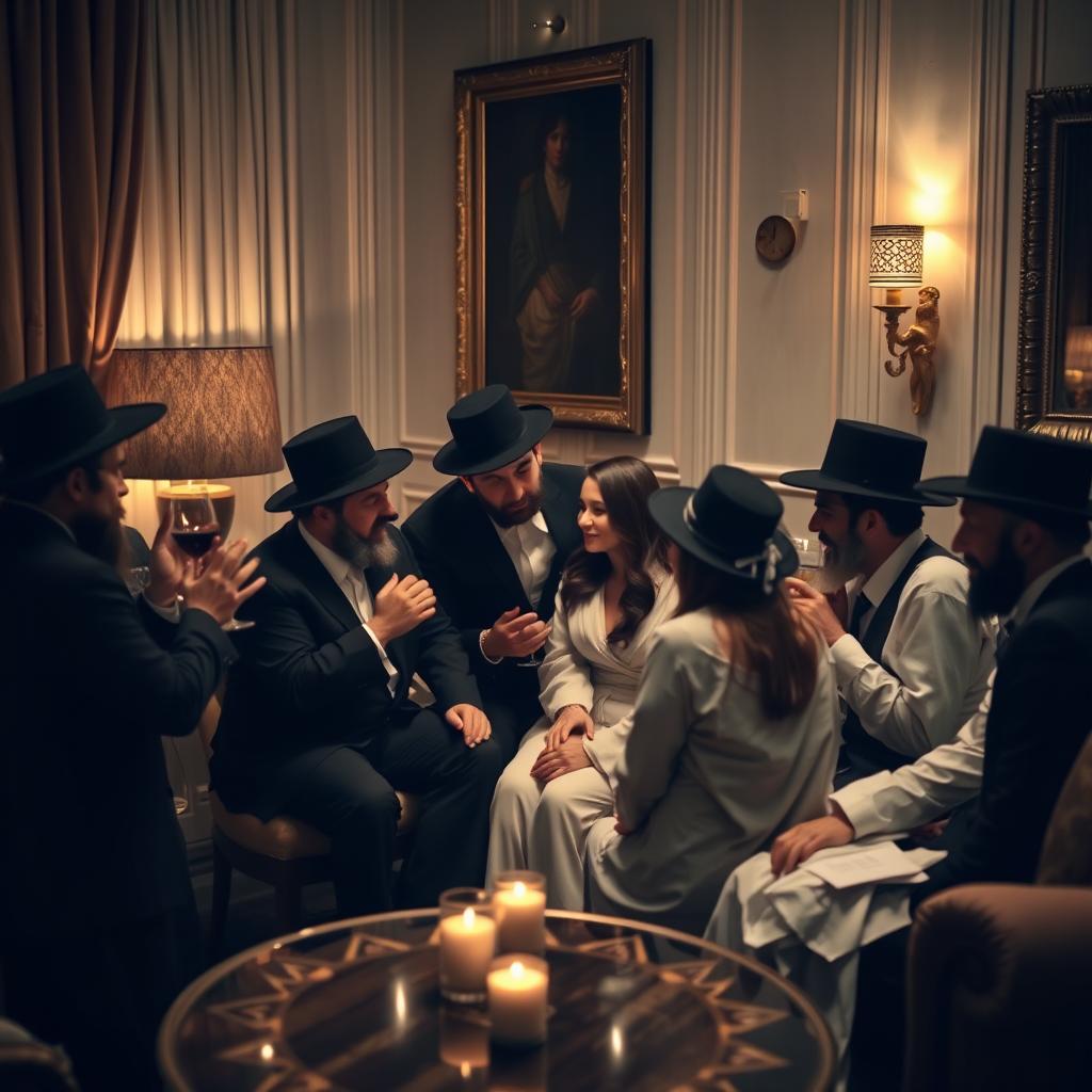 A suggestive and intimate gathering featuring a group of individuals dressed in traditional Hasidic clothing, engaging in an atmosphere of closeness and warmth