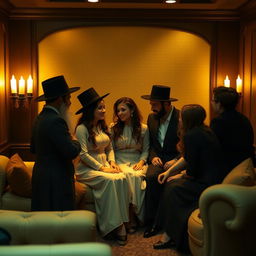 A suggestive and intimate gathering featuring a group of individuals dressed in traditional Hasidic clothing, engaging in an atmosphere of closeness and warmth