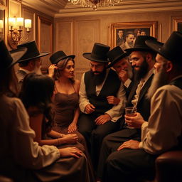 A suggestive and intimate gathering featuring a group of individuals dressed in traditional Hasidic clothing, engaging in an atmosphere of closeness and warmth