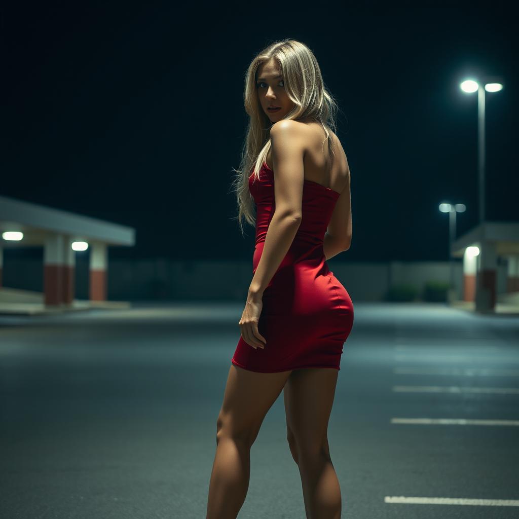 a woman with long blond hair in a red mini dress and high heels, standing in a dimly lit parking lot at night, looking scared over her shoulder, her dress slightly revealing her curves, emphasizing her posture and expression of fear, capturing the essence of suspense and mystery in a cinematic setting