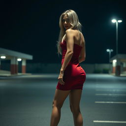 a woman with long blond hair in a red mini dress and high heels, standing in a dimly lit parking lot at night, looking scared over her shoulder, her dress slightly revealing her curves, emphasizing her posture and expression of fear, capturing the essence of suspense and mystery in a cinematic setting