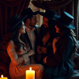 A suggestive and sensual scene depicting individuals in traditional Hasidic attire in a context of warmth and intimacy