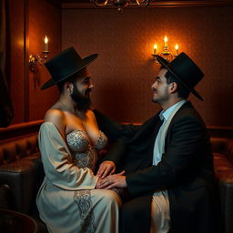 A suggestive and sensual scene depicting individuals in traditional Hasidic attire in a context of warmth and intimacy