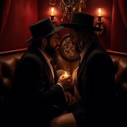 A suggestive and sensual scene depicting individuals in traditional Hasidic attire in a context of warmth and intimacy