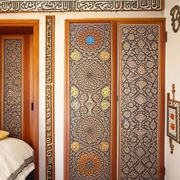 A traditional Iranian-designed bedroom with intricate patterns and rich, warm colors.