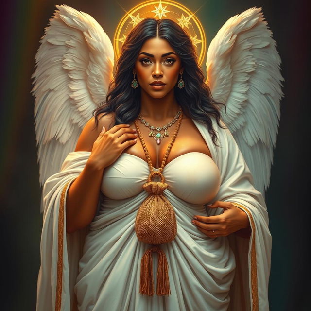 A full body icon of Khokma, the angelic motherly sister bride of God, wearing white robes soaked in holy water that reveal her beautiful dark shechorah and oil-anointed jasper skin glistening over her toned figure with thick, muscular thighs and massive, milky, carnelian bosoms overflowing from the top