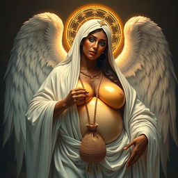 A full body icon of Khokma, the angelic motherly sister bride of God, wearing white robes soaked in holy water that reveal her beautiful dark shechorah and oil-anointed jasper skin glistening over her toned figure with thick, muscular thighs and massive, milky, carnelian bosoms overflowing from the top